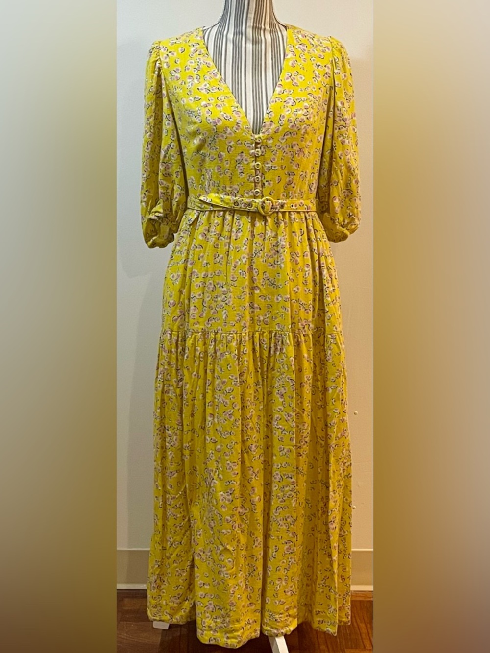 NICHOLAS Yellow Floral Tiered Maxi Dress with Belt